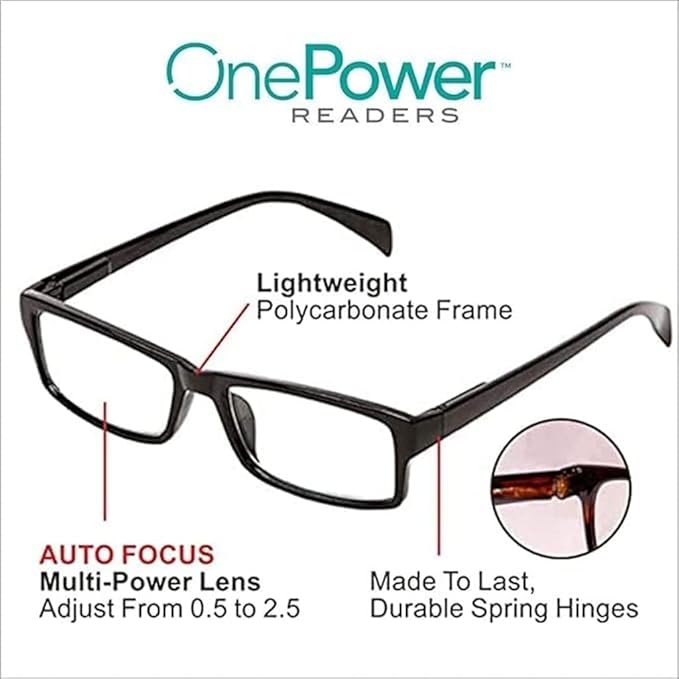 One Power Readers Auto Focus Reading Glasses, Computer Screens Unisex Adjustable Eye Glasses, Flex Focus Auto Adjusting Optic for Women and Men Magnifying Readers (BLACK)